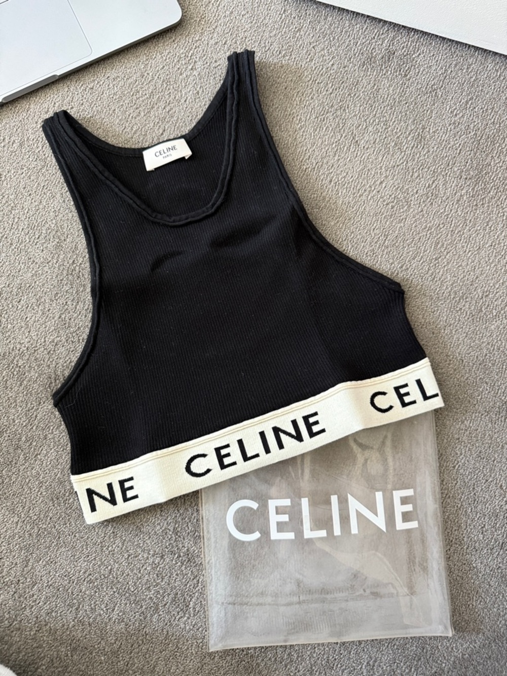 Celine Black Ribbed Logo Band Crop Tank with White Trim